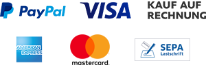 Zahlung via PayPal, VISA, Mastercard, American Express, SEPA Lastschrift und Kauf auf Rechnung